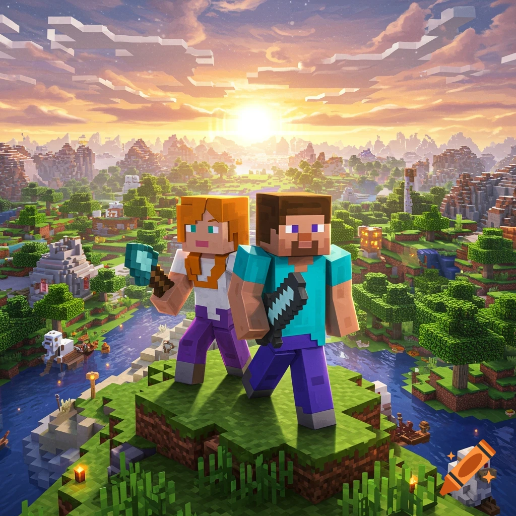 Steve and Alex from Minecraft standing on a hill overlooking a landscape at sunset.