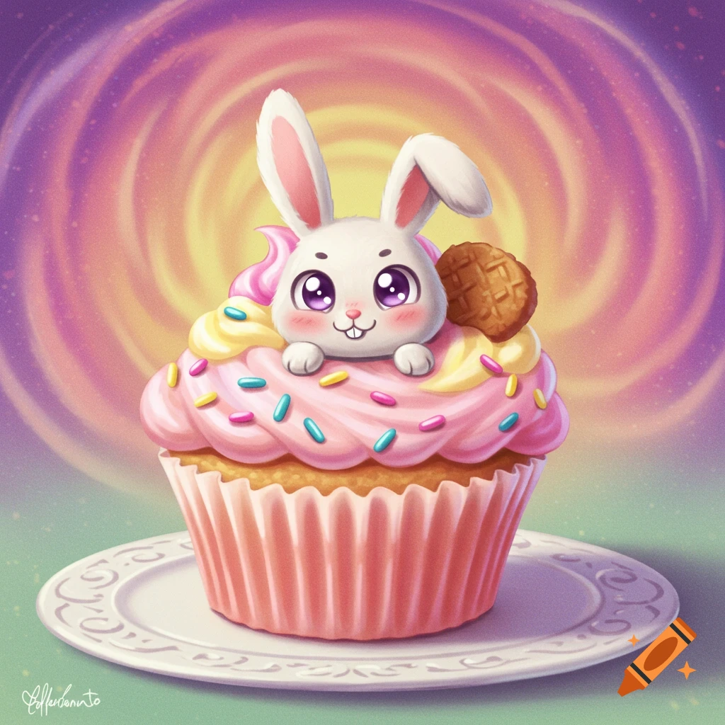 Cute cartoon bunny pops out of a pink cupcake on a plate.