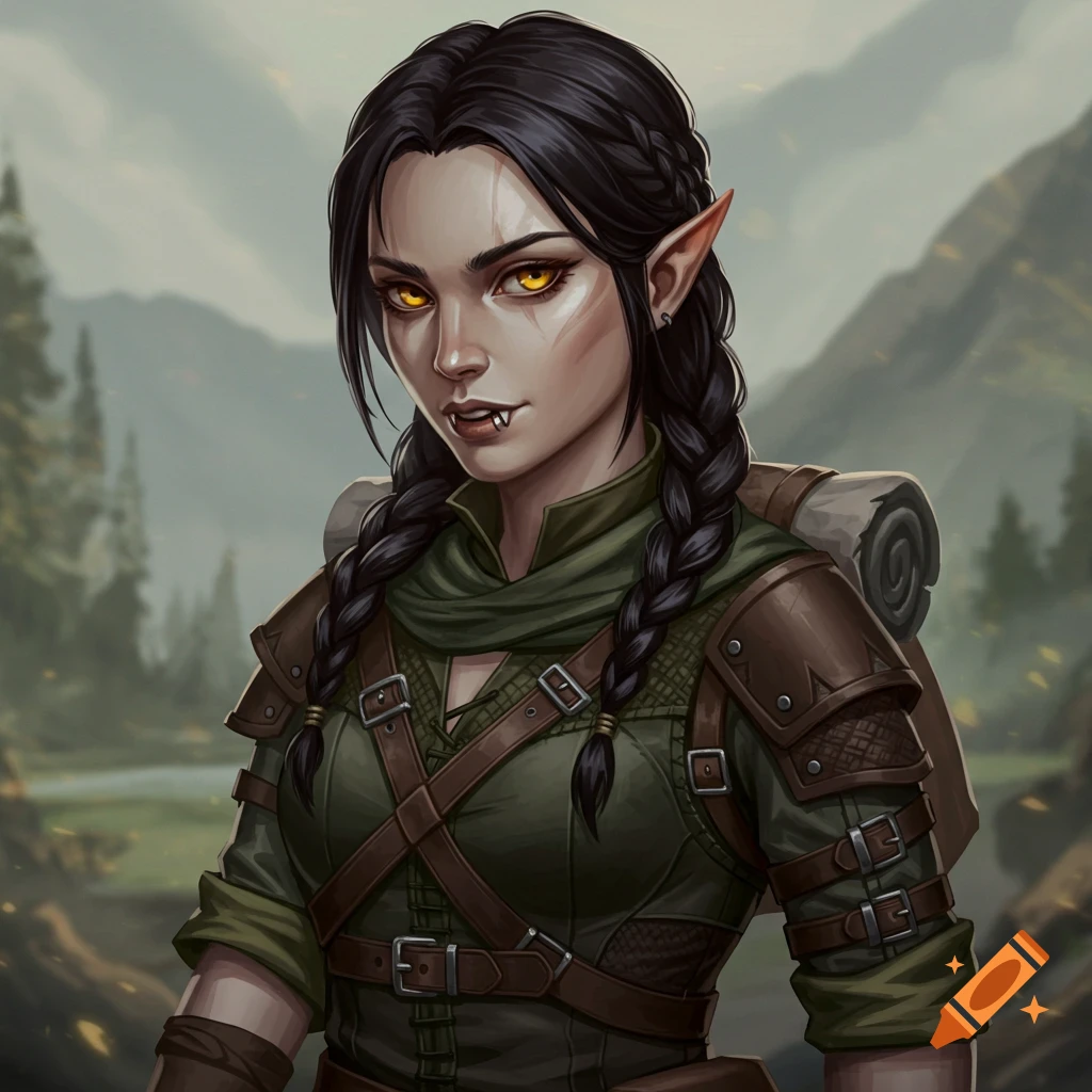 Portrait of a fantasy adventurer with pointed ears, fangs, and yellow eyes, wearing green and leather gear.
