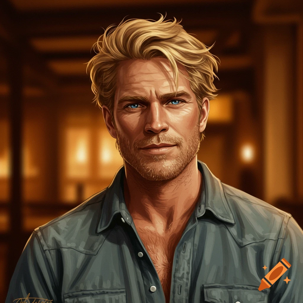 A portrait of a blond man with blue eyes and a beard wearing a shirt.