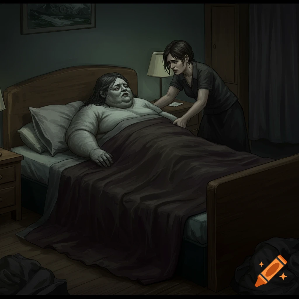 A person in bed being tended to by another person in a dimly lit room.