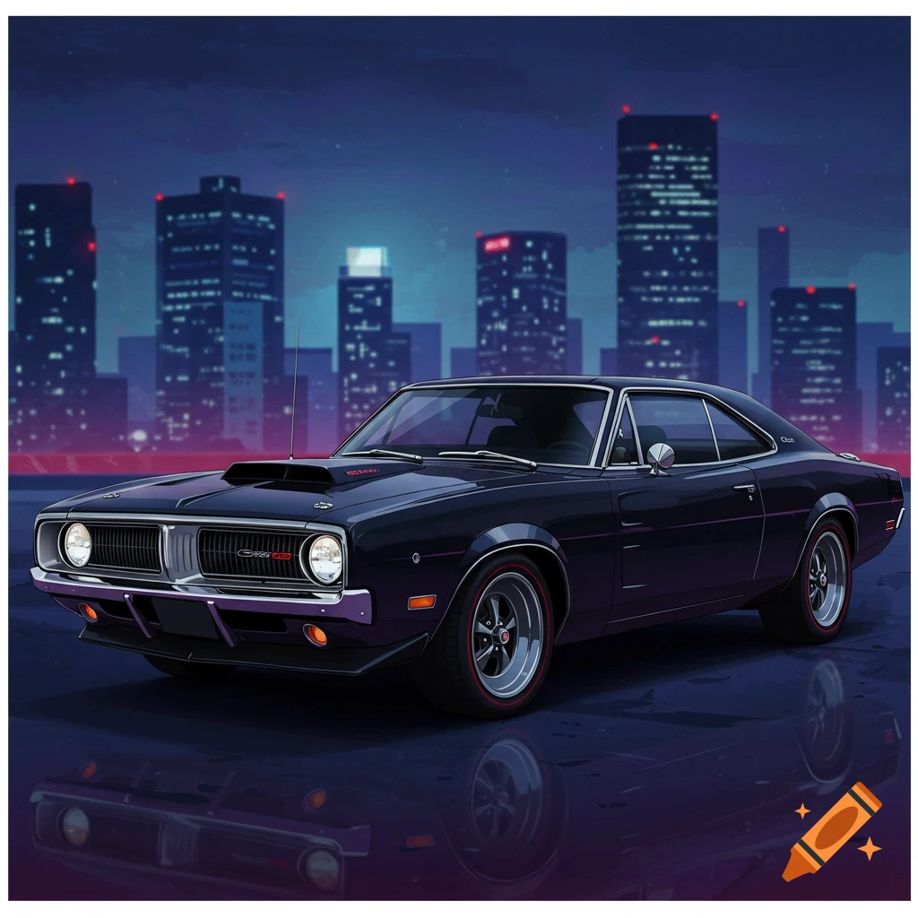 A black classic Dodge Charger parked at night in a city with neon lights.