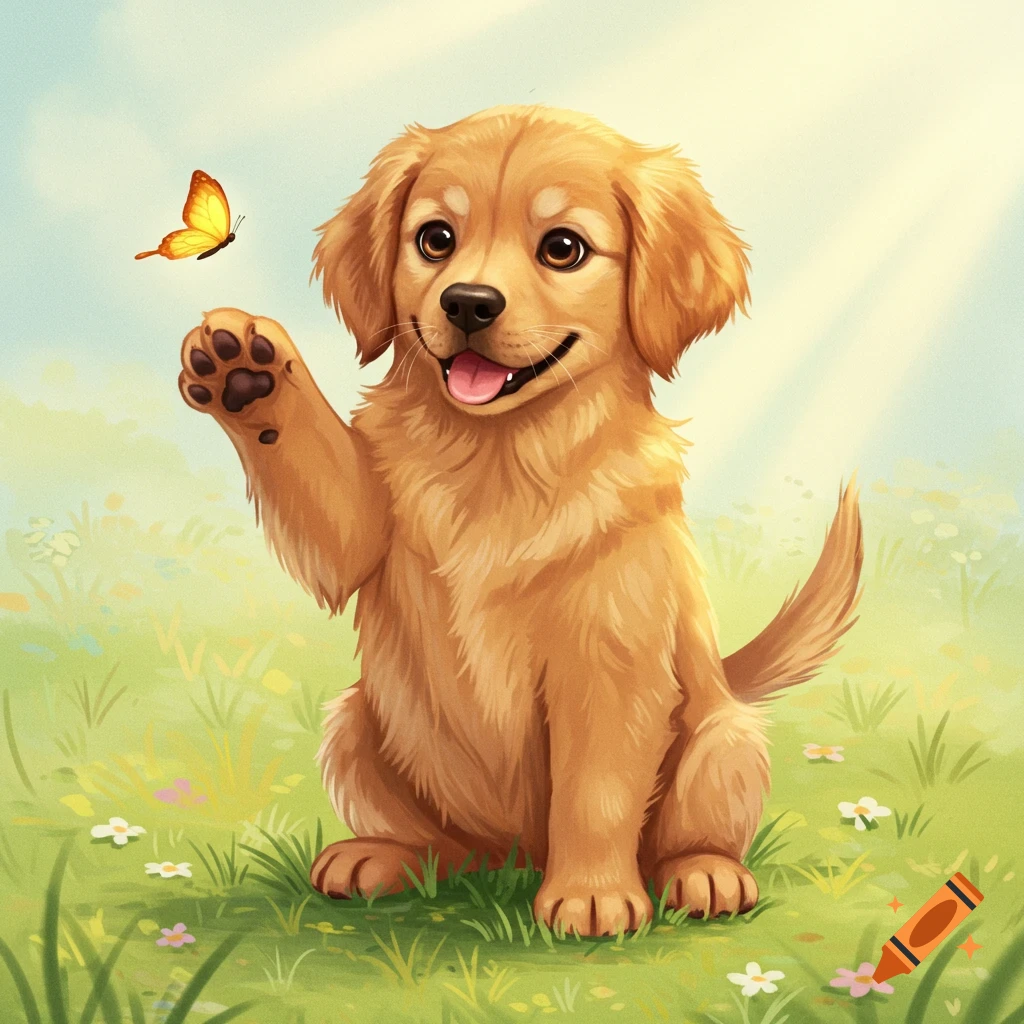 A golden retriever puppy sitting in grass, reaching up to a butterfly.