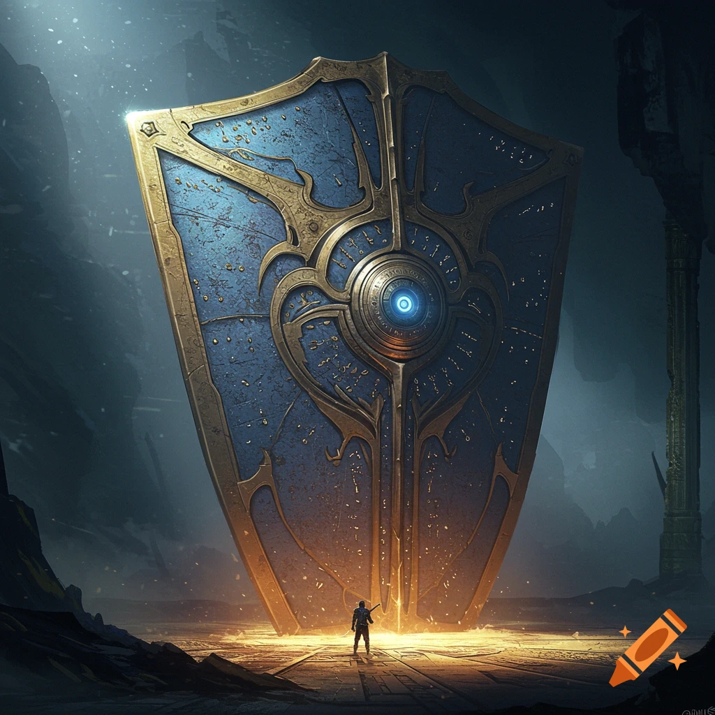 A lone figure stands before a massive, ornate blue and gold fantasy shield in a cavern. Digital art.