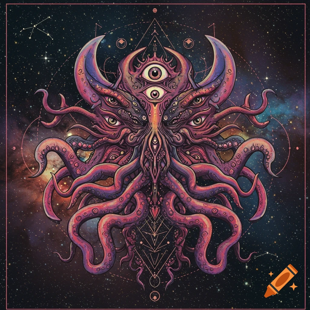 Illustration of a multi-eyed, tentacled cosmic creature in space with geometric shapes and constellations.
