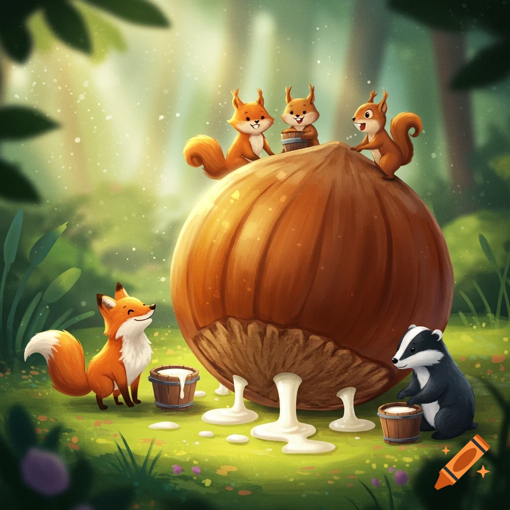 Cartoon fox, badger, and squirrels collect liquid from a giant hazelnut in a forest clearing.