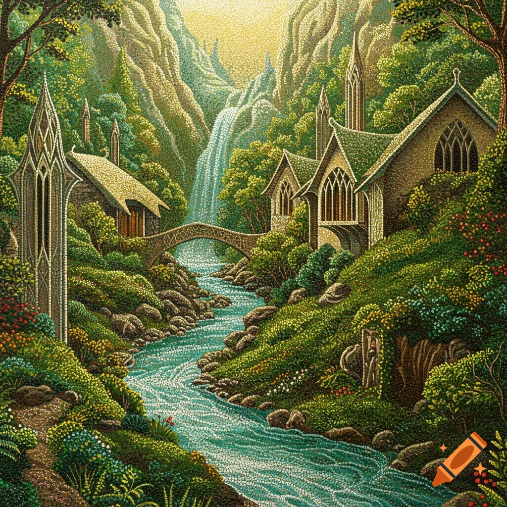 A fantasy landscape depicting a valley with elven architecture, a river, and waterfall, rendered in a pointillist style.