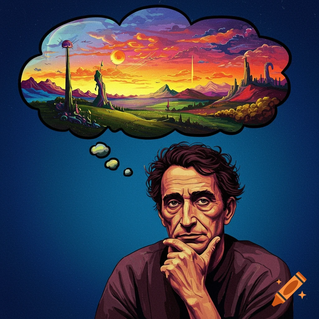 A pensive man with a thought bubble depicting a colorful, surreal landscape featuring strange structures and a sunset.
