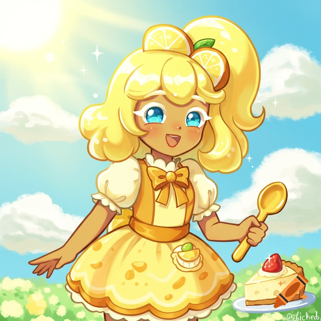 Cartoon girl with blonde hair and lemon slices, holding a spoon in a field with cheesecake, in Cookie Run Kingdom style.