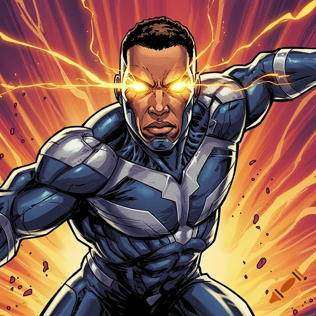 Superhero with glowing eyes in dynamic pose, comic book style.