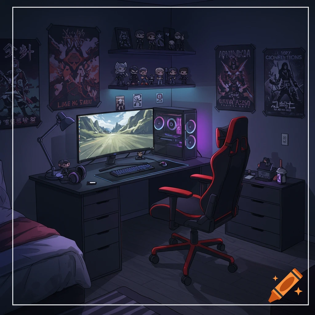 A gaming bedroom at night with a desk, computer, monitor, chair, and posters.