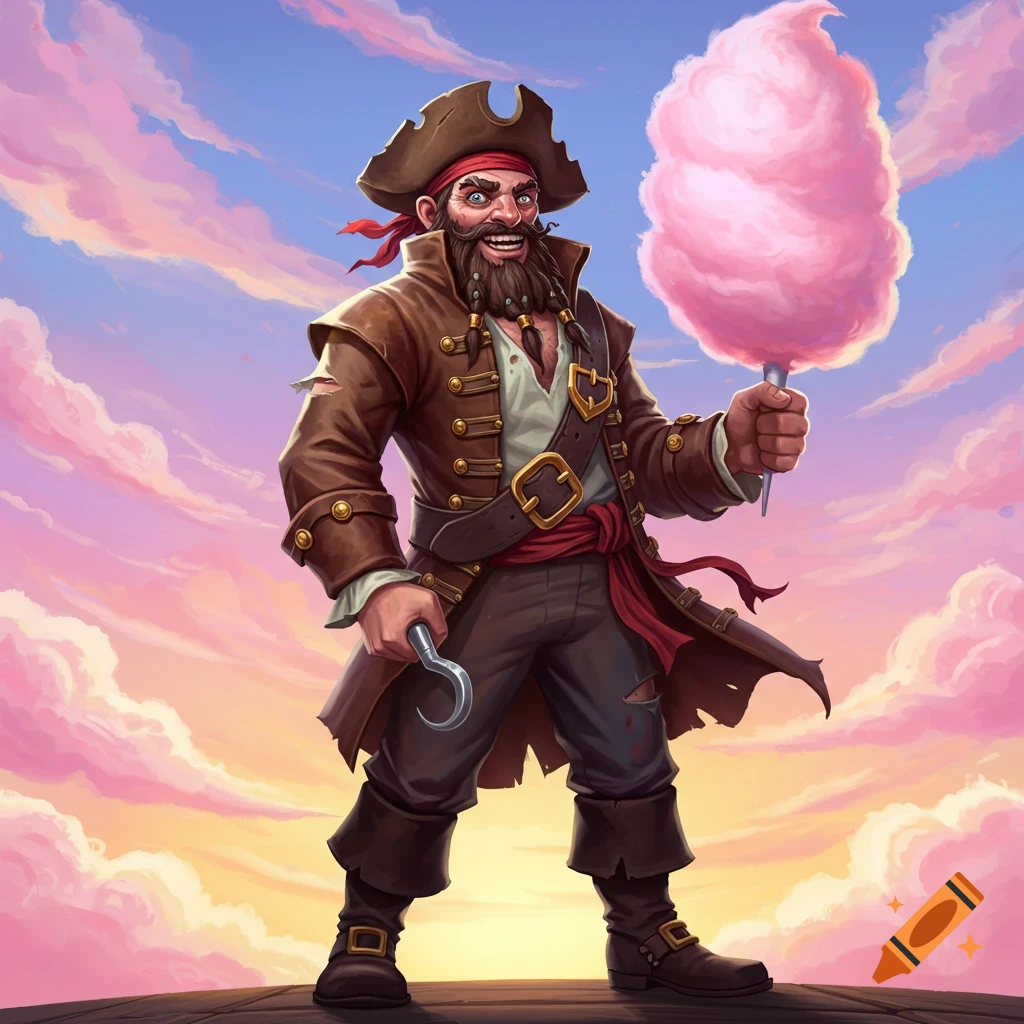 A smiling cartoon pirate with a hook hand holds a large piece of pink cotton candy against a sunset sky, digital art.