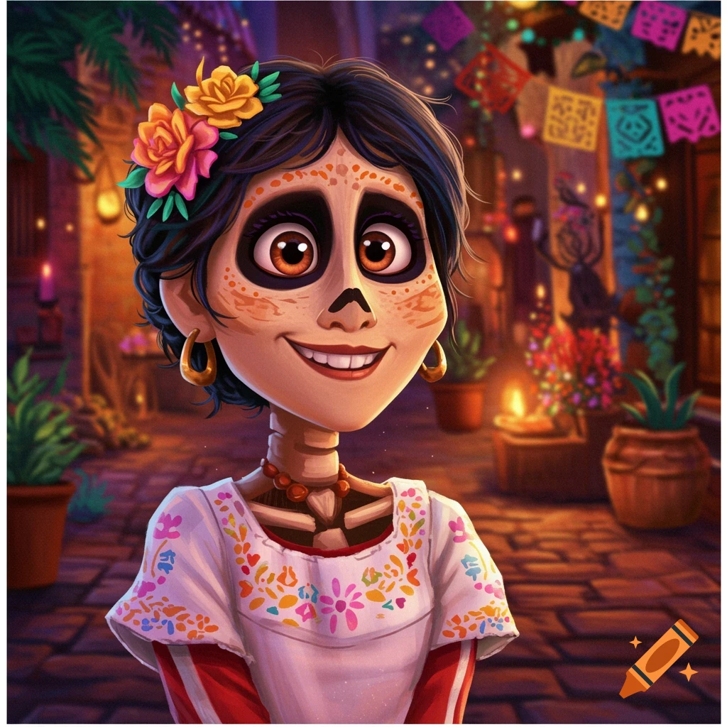 Image of Coco smiling with Dia de Muertos face paint, flowers in hair, in a colorful street scene.