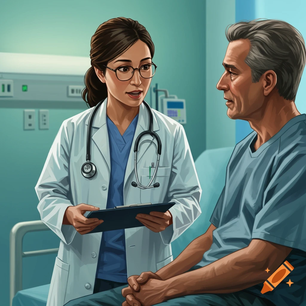 A doctor talking to a patient in a hospital room.