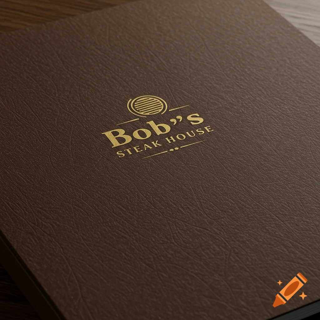 Close-up of brown menu cover for Bob's Steak House with gold text.