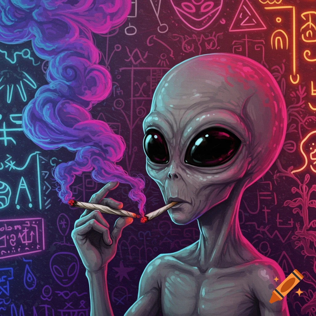 A grey alien smoking two joints against a dark background with glowing neon symbols.