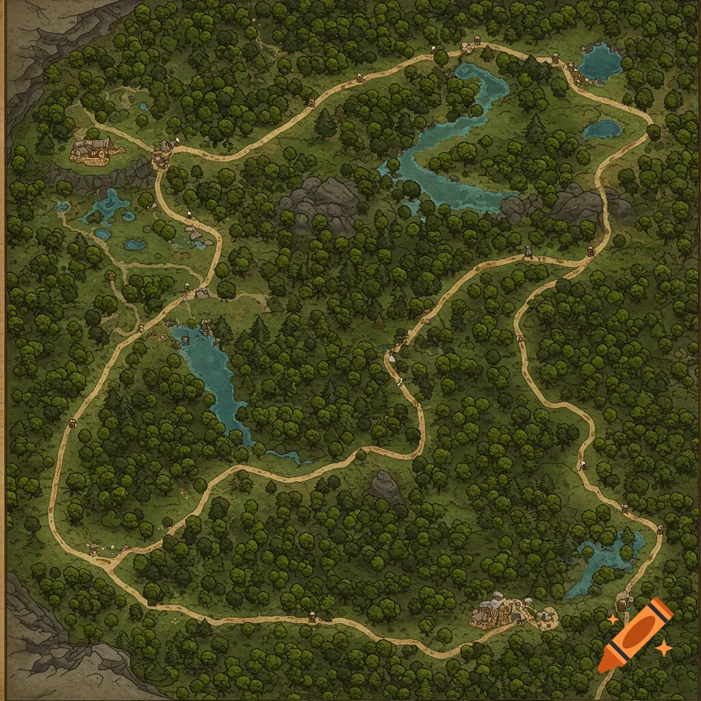 Top-down fantasy forest map with roads, rivers, and buildings in a hand-drawn style.
