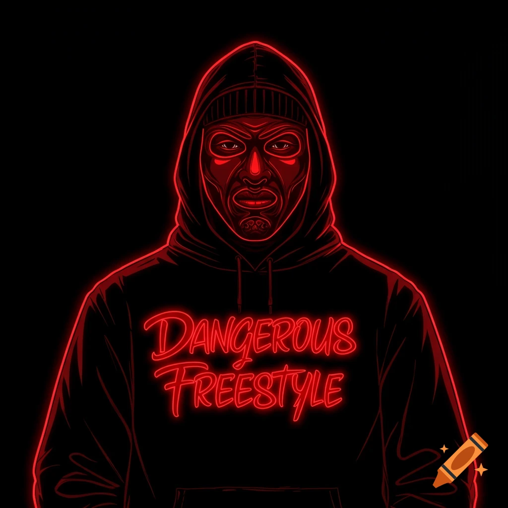 Illustration of a person in a hoodie and mask with red neon outlines and 'Dangerous Freestyle' text on the shirt.