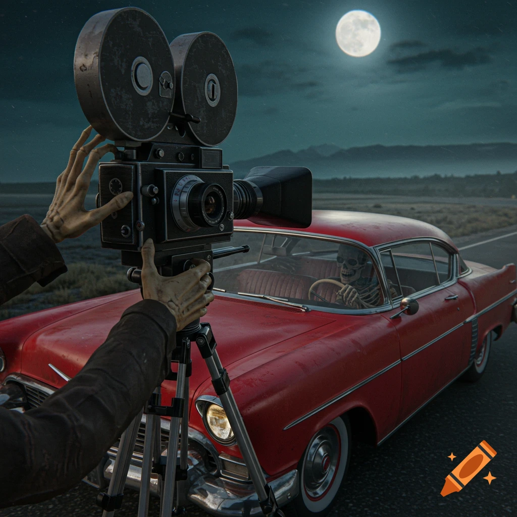 A skeleton films a skeleton driving a vintage red car at night under a full moon.
