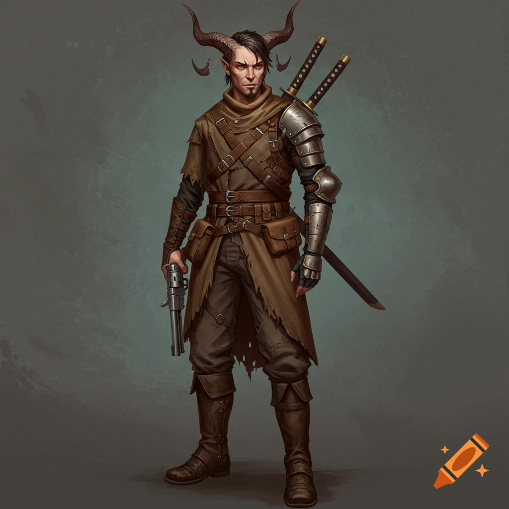 Painting of a fantasy character with horns, shabby clothes, holding a gun and carrying two swords.