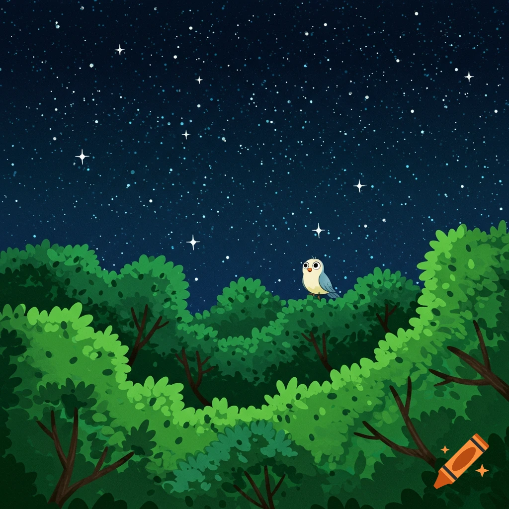 Cartoon bird on a tree canopy under a starry night sky