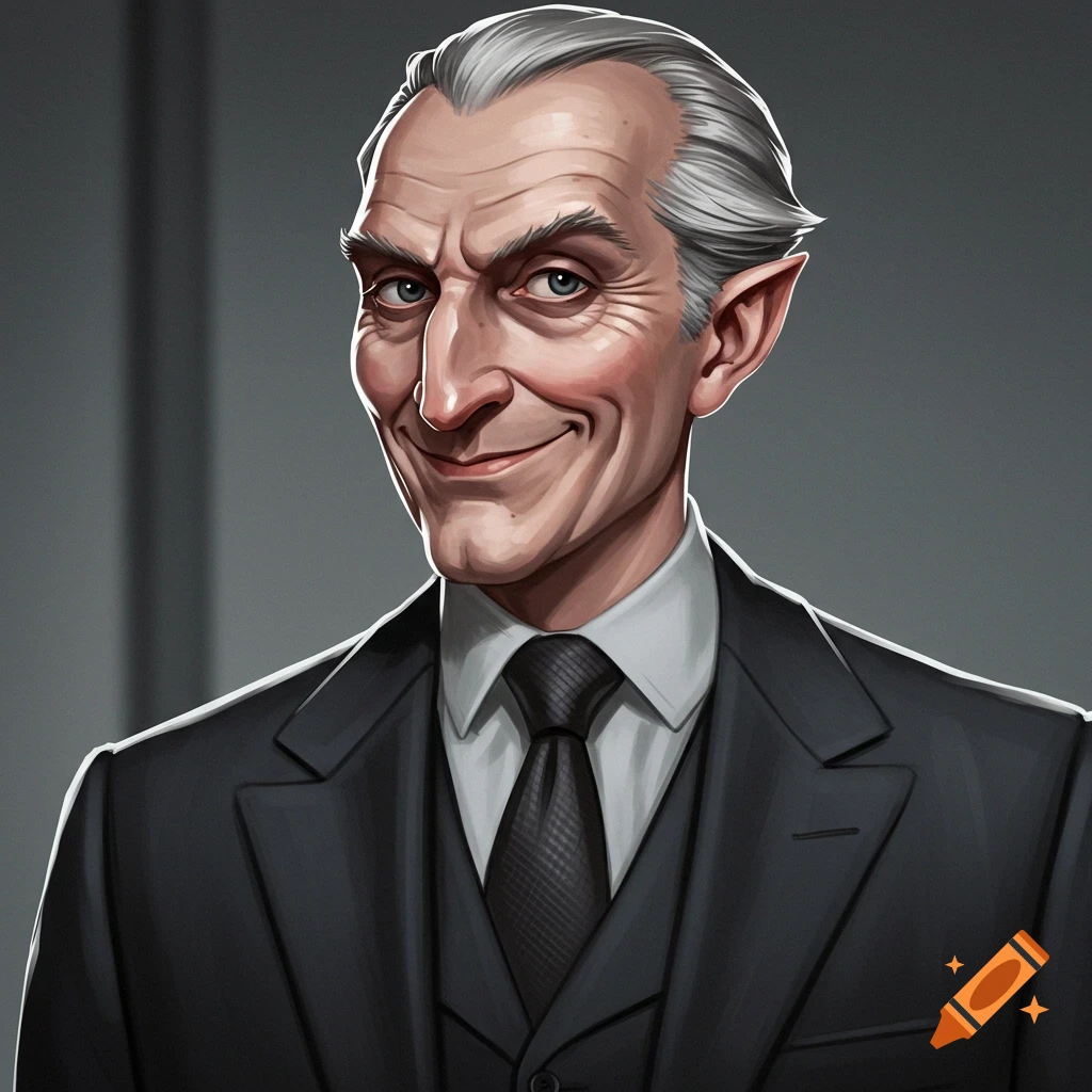 A character with grey hair and pointed ears in a black suit, smiling