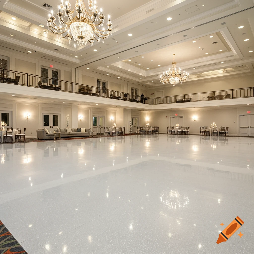 Large elegant ballroom with chandeliers, balconies, tables, and shiny white floor