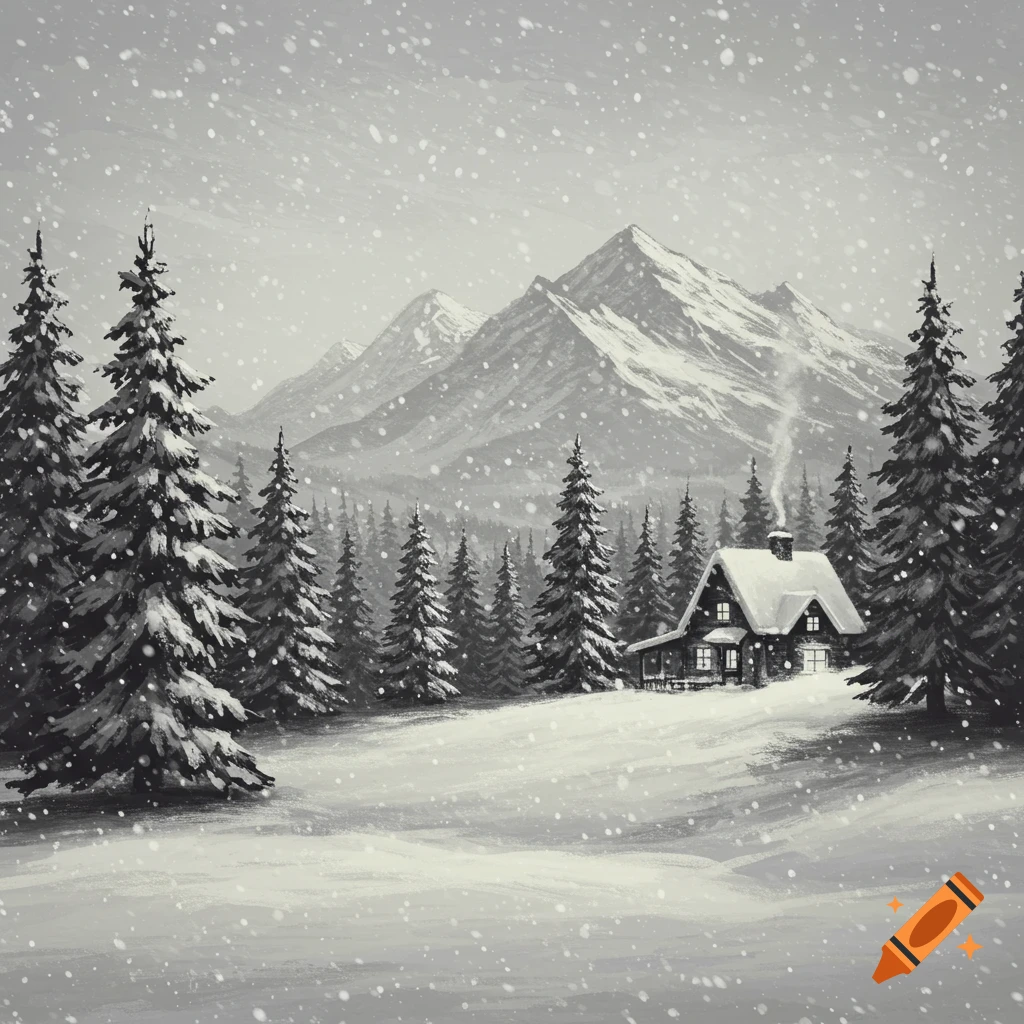A snowy winter landscape with a cabin, trees, and mountains. on Craiyon