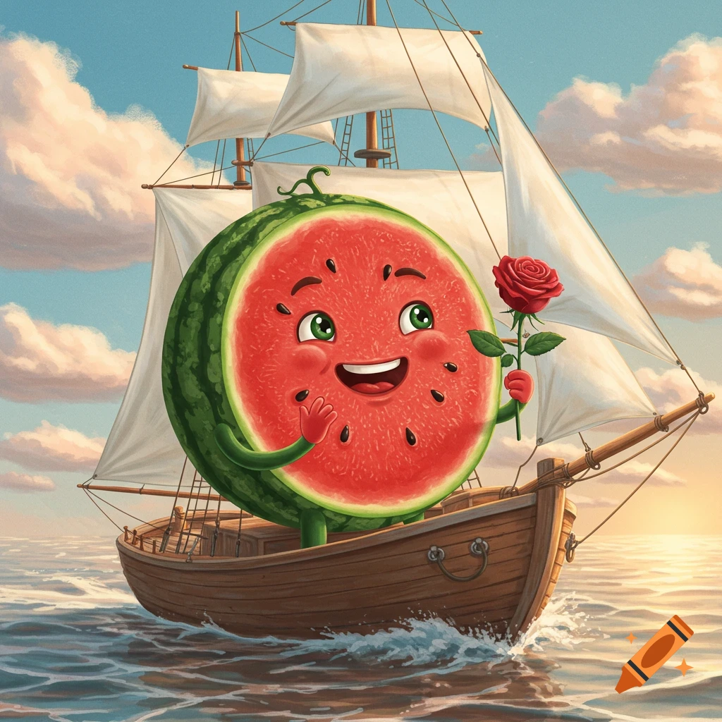 Cartoon watermelon character sailing on a boat, holding a red rose.