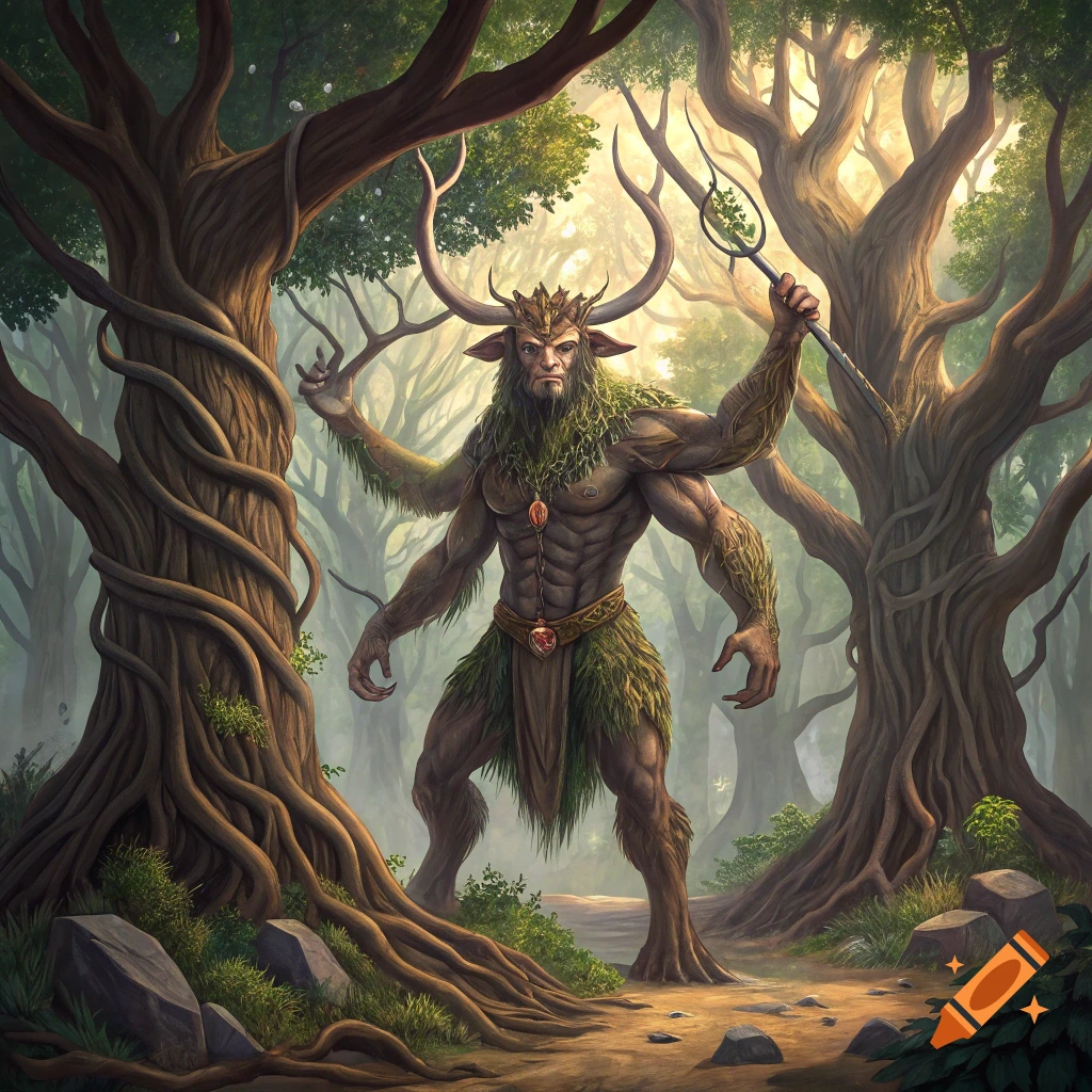 A muscular, tree-like minotaur creature with multiple arms stands in a forest.