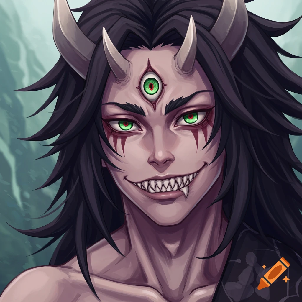 Anime fantasy portrait of a character with horns, a third eye, green eyes, facial markings, and shark teeth.
