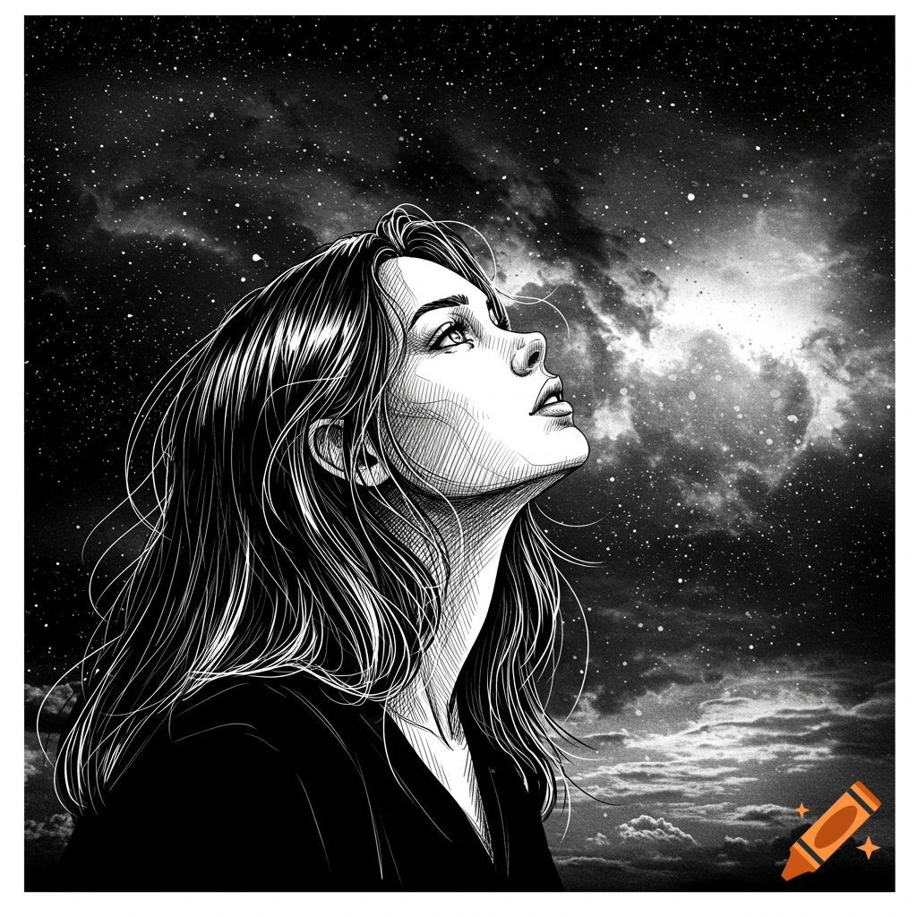 A black and white line drawing portrait of a woman looking up at a dramatic starry sky.