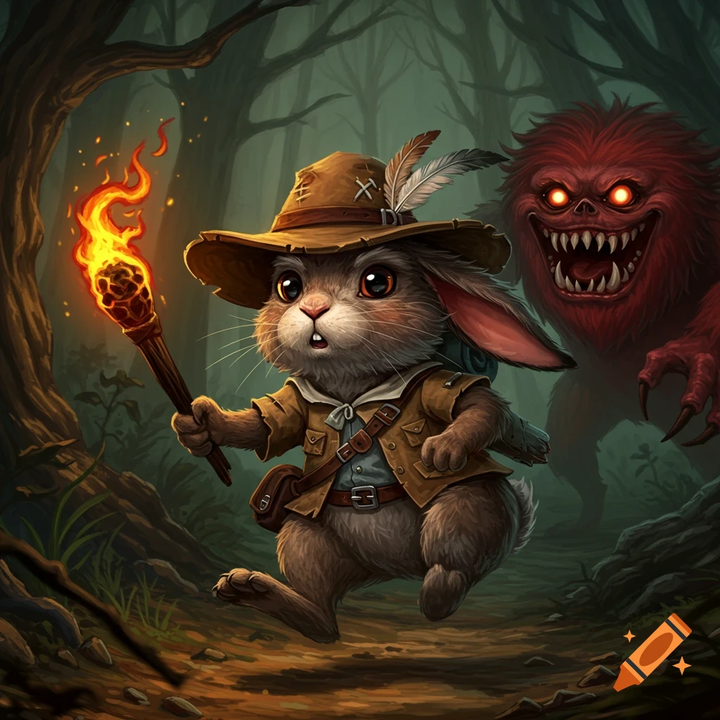 A cartoon bunny adventurer with a torch runs from a red monster in a dark forest.