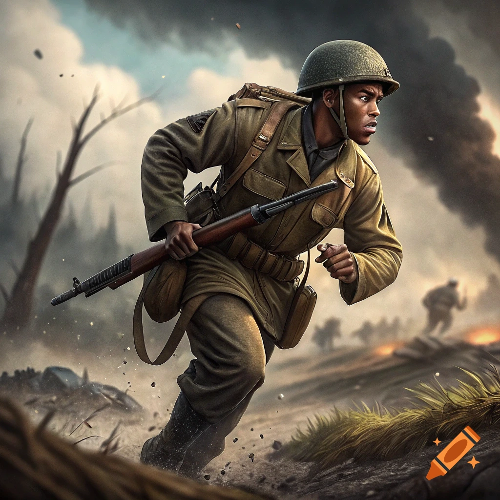 Photorealistic image of a soldier running through a war-torn battlefield with explosions.
