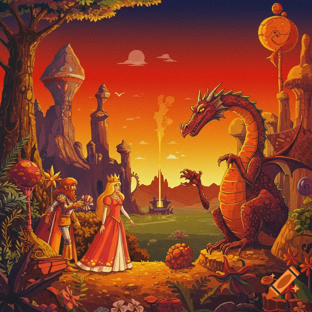 Retro fantasy art of a dragon, knight, and princess in a landscape with castles and strange plants.