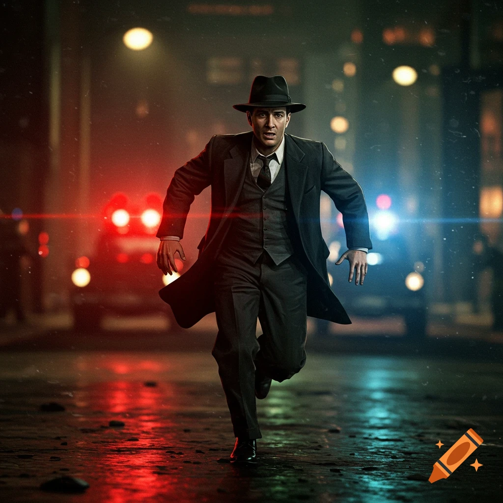 A man in a hat and suit runs towards the camera in a dark city street with police lights behind him.