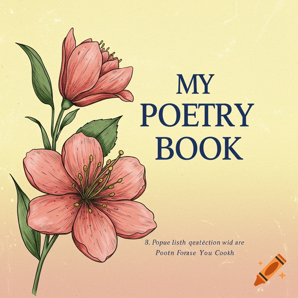 Digital illustration of pink flowers on a yellow background with text 'MY POETRY BOOK'.