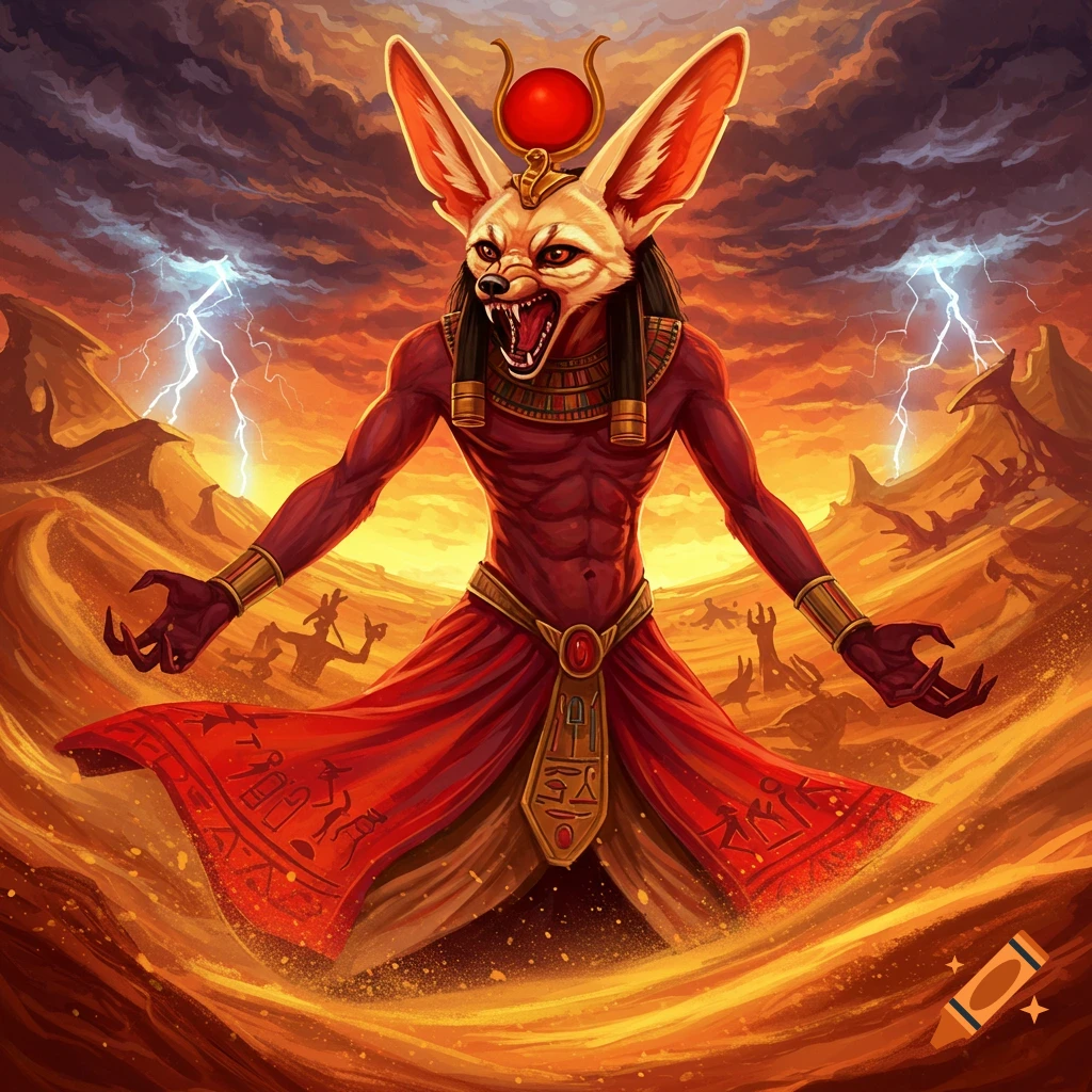 Image of the Egyptian god Set with a fennec fox head, standing in a stormy desert landscape.