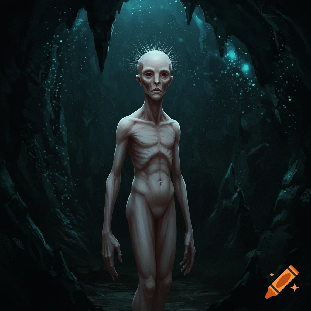 Pale creature with spikes on head in dark cave with bioluminescent glow.