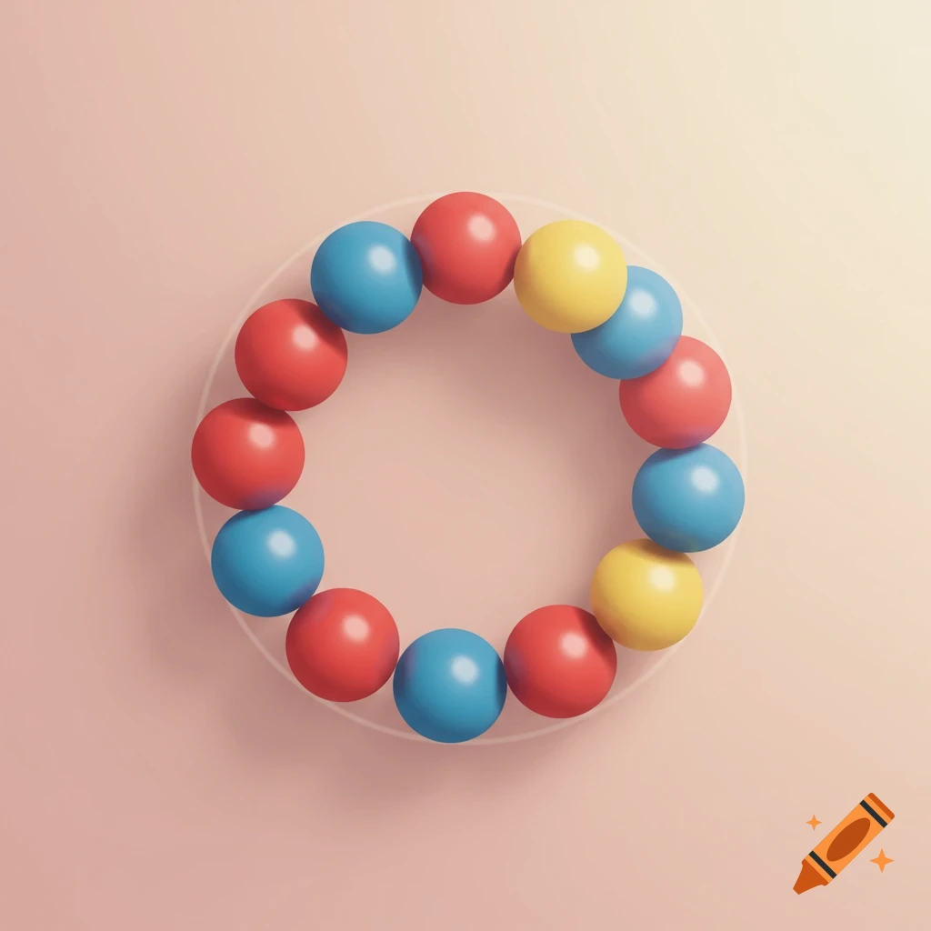 Colorful red, blue, and yellow balls arranged in a circle against a soft background.