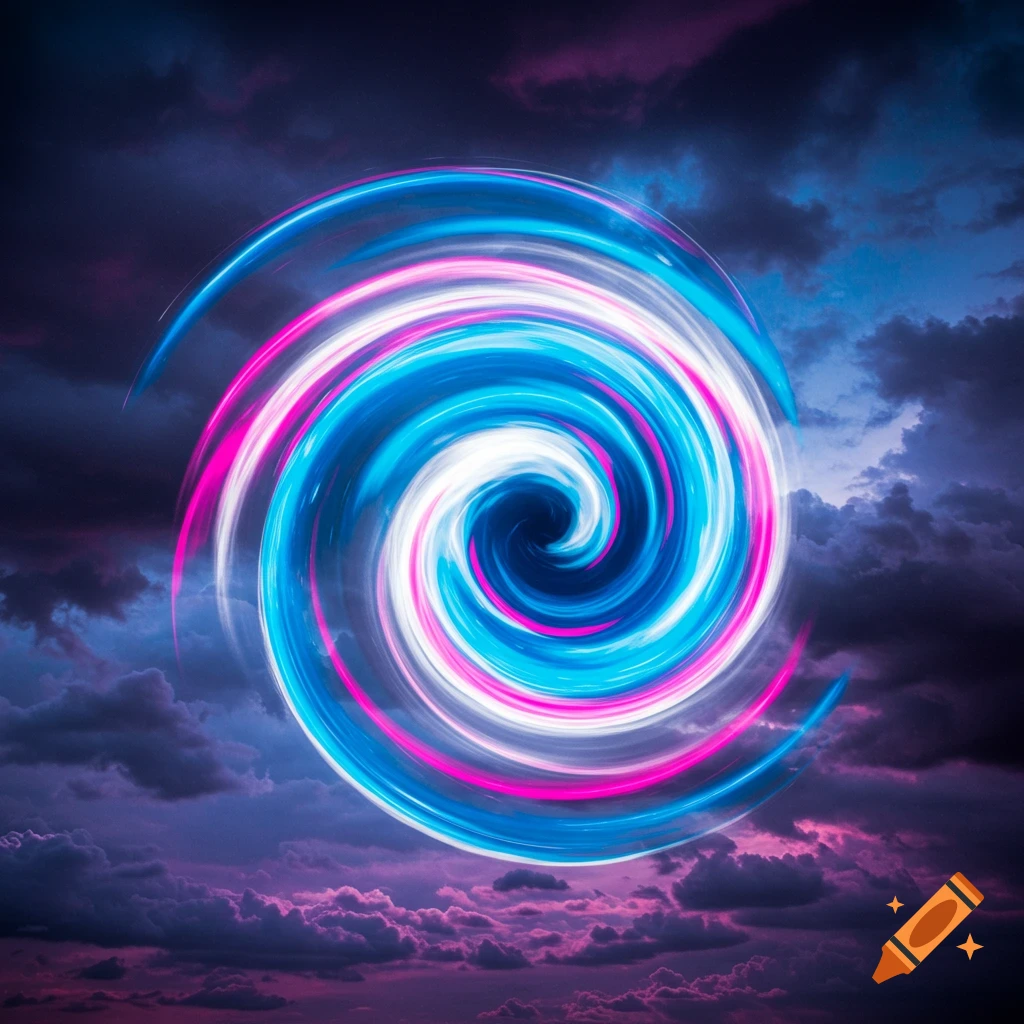 A blue, pink, and white swirling vortex in a stormy sky.