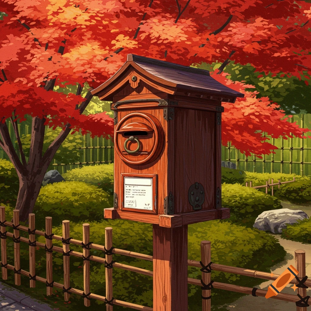 A Japanese style mailbox in an autumn garden.