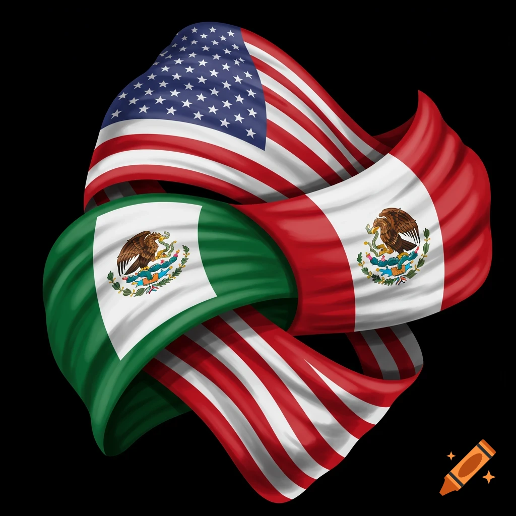 Intertwined US and Mexican flags