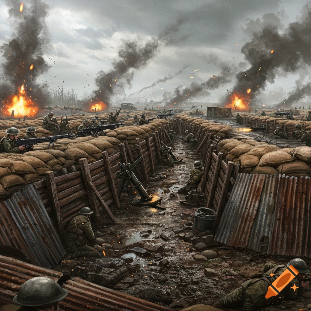 Soldiers fighting in muddy trenches with explosions and smoke.