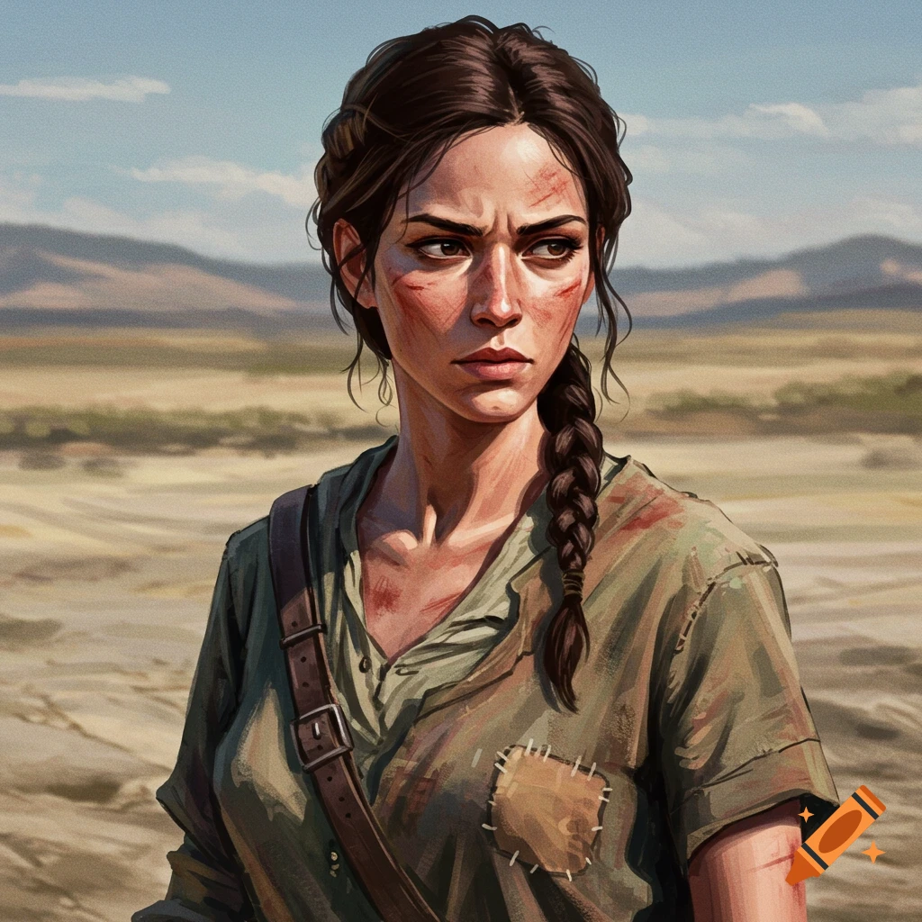 A woman survivor with a determined gaze stands in a barren landscape.