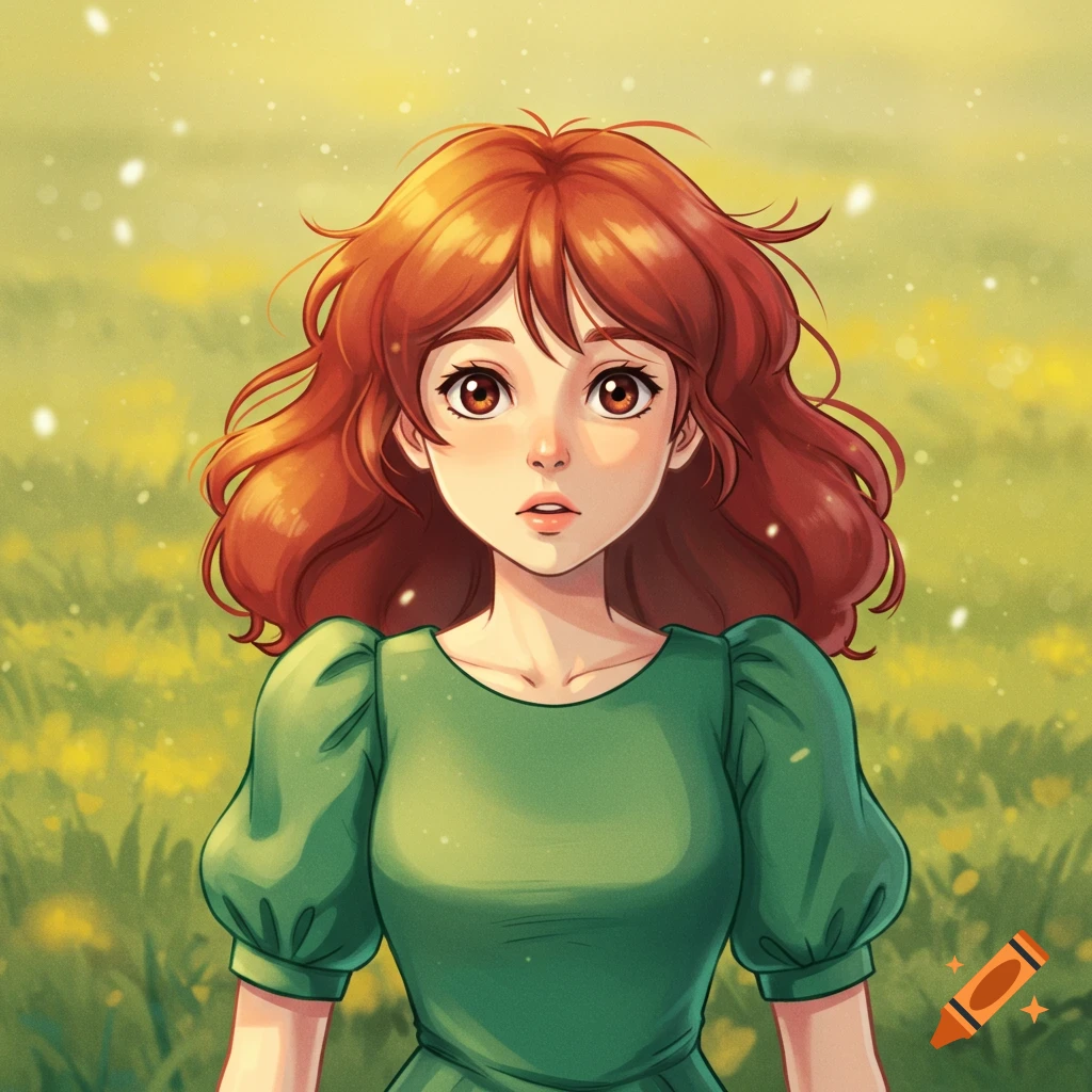 Anime portrait of a girl with red hair in a green dress in a field of yellow flowers, Ghibli style.