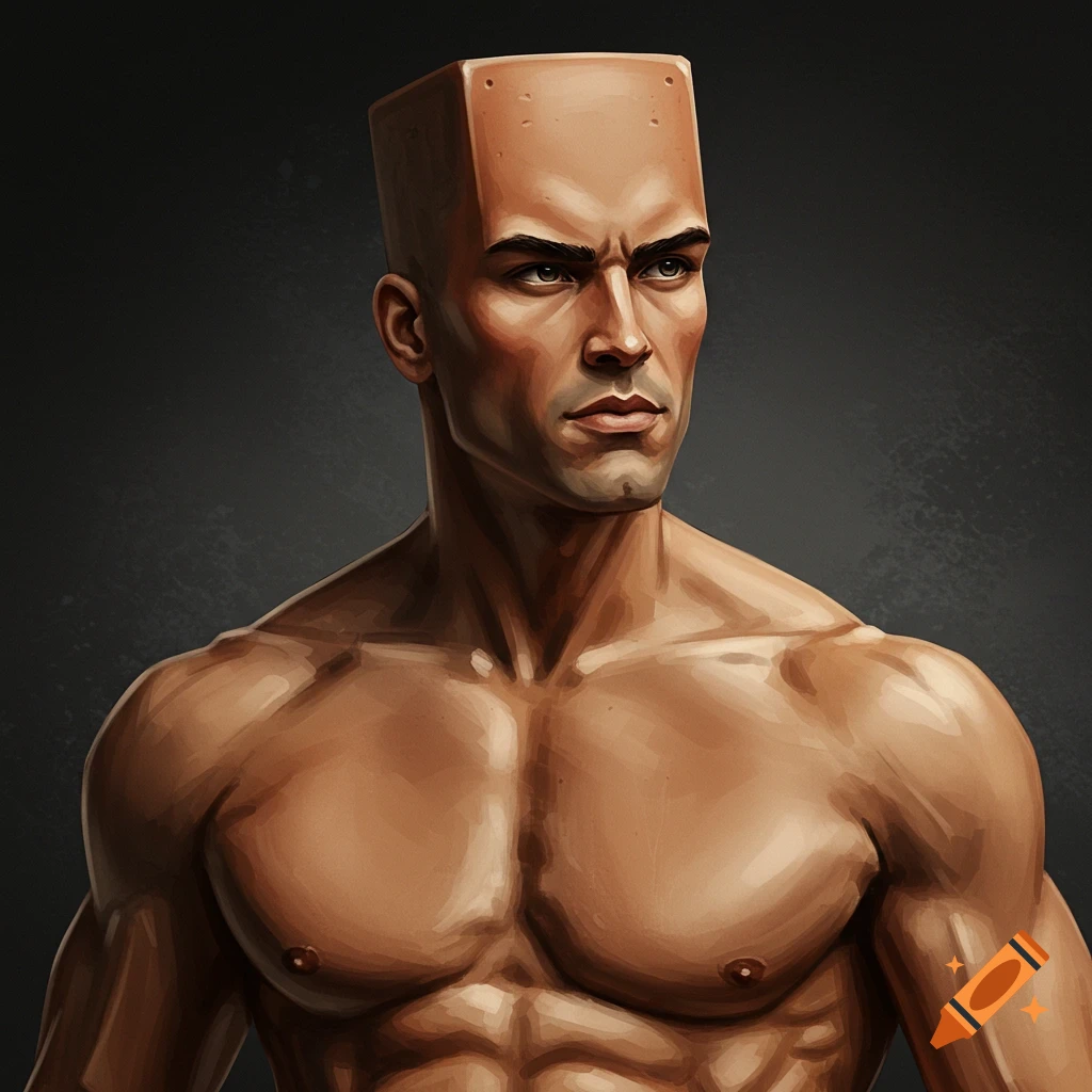 Muscular man with a rectangular head and sharp jawline.