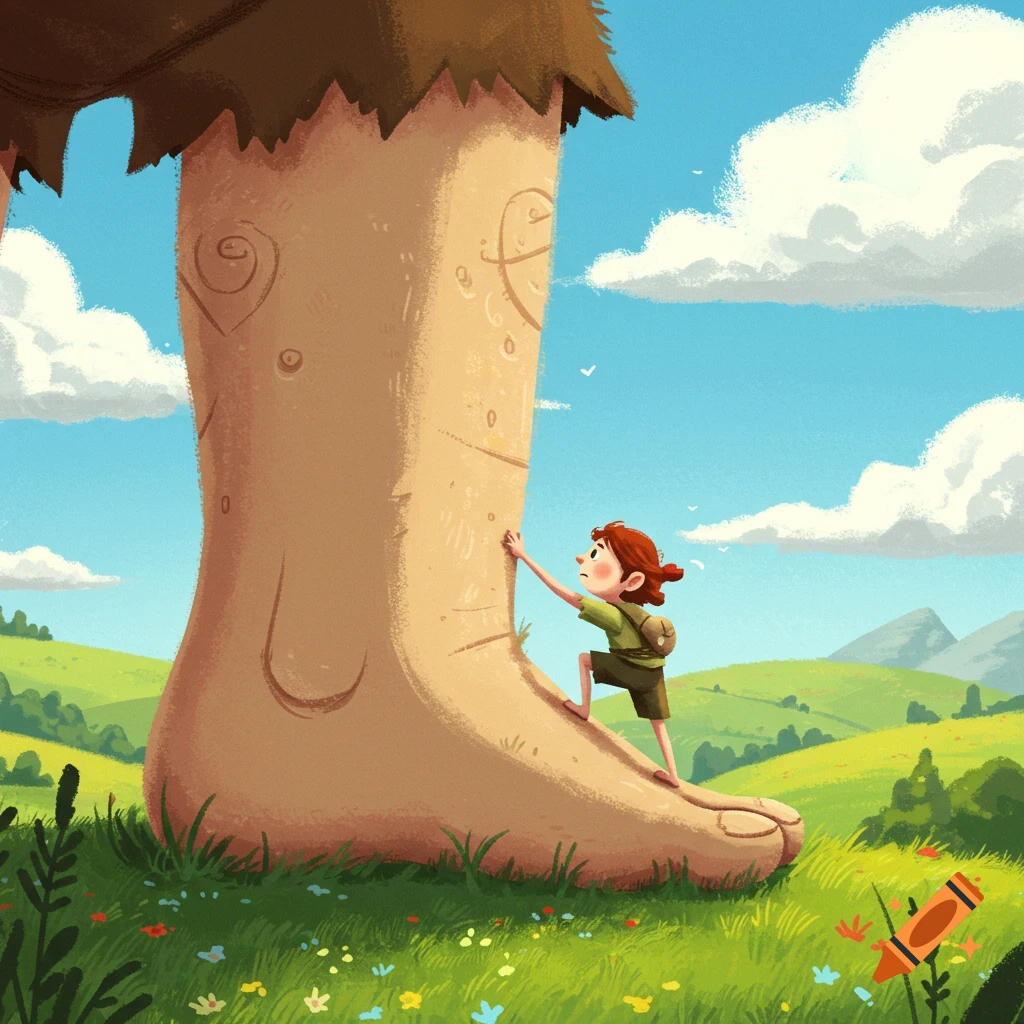 A small person climbs the giant leg of a large being in a grassy, hilly landscape.