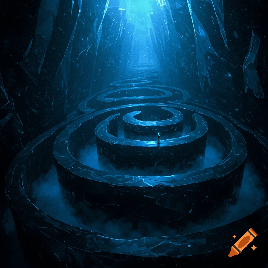 A person is in a spiral maze within a dark, blue crystal cave.