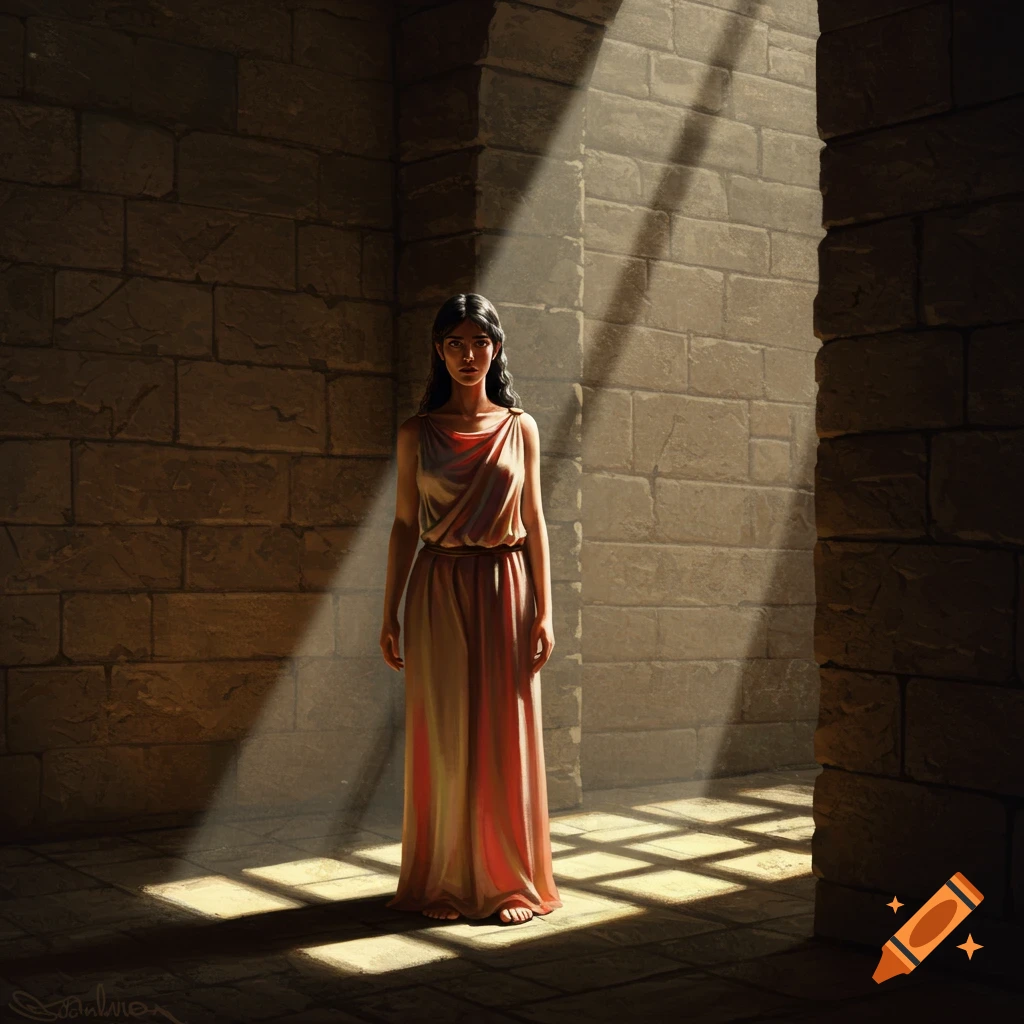 A woman in a long dress stands in a sunlit stone room with dramatic shadows.
